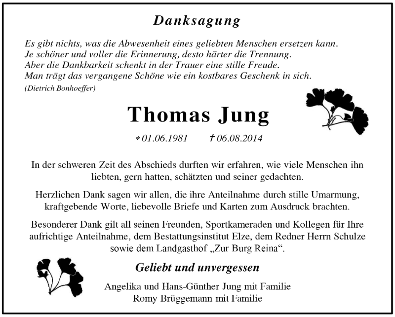  Traueranzeige für Thomas Jung vom 07.09.2014 aus Super Sonntag Dessau / Köthen