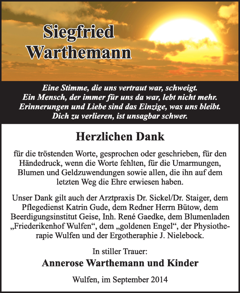  Traueranzeige für Siegfried Warthemann vom 14.09.2014 aus Super Sonntag Dessau / Köthen