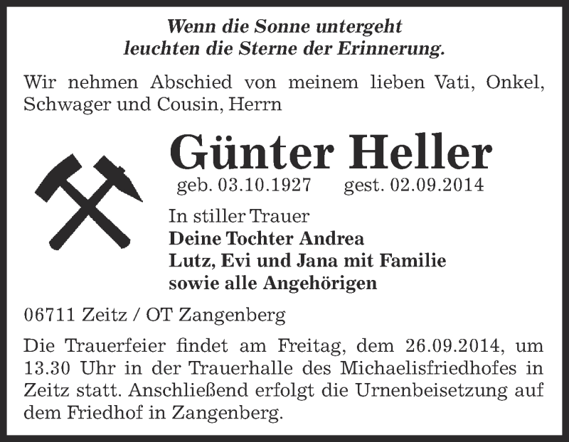 Traueranzeige für Günter Heller vom 14.09.2014 aus Super Sonntag Zeitz