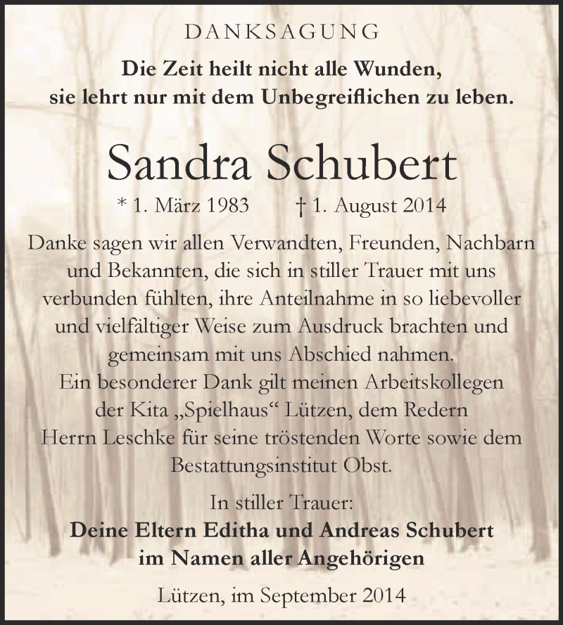  Traueranzeige für Sandra Schubert vom 17.09.2014 aus Super Sonntag Merseburg