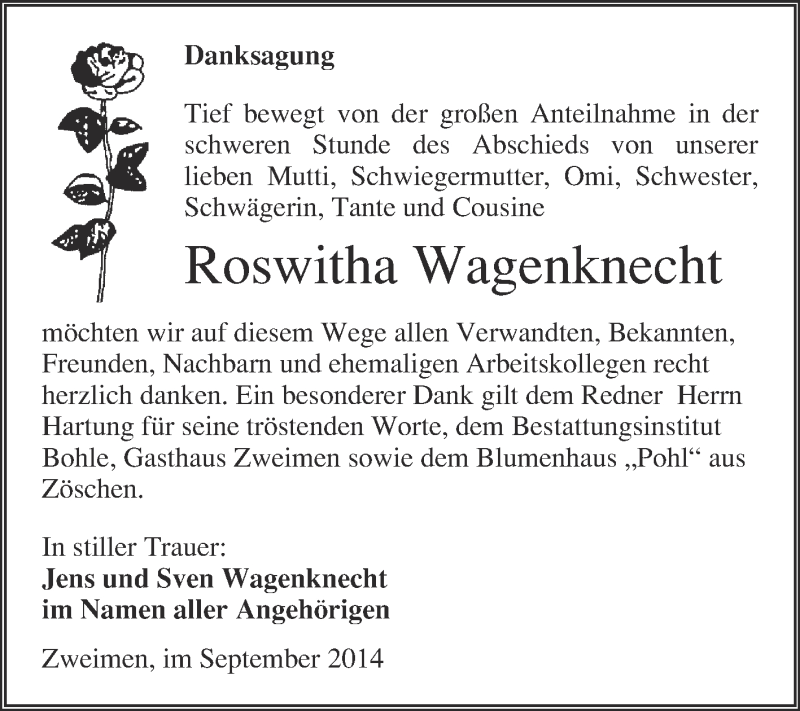  Traueranzeige für Roswitha Wagenknecht vom 21.09.2014 aus Super Sonntag Merseburg