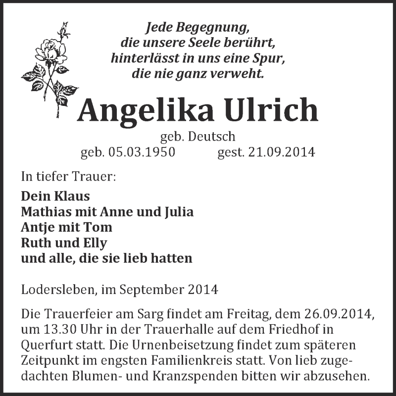  Traueranzeige für Angelika Ulrich vom 24.09.2014 aus WVG - Wochenspiegel NMB / WSF / ZTZ