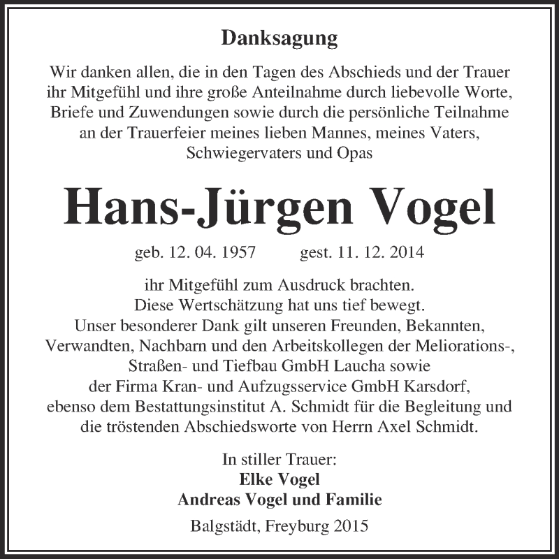  Traueranzeige für Hans-Jürgen Vogel vom 28.01.2015 aus WVG - Wochenspiegel NMB / WSF / ZTZ