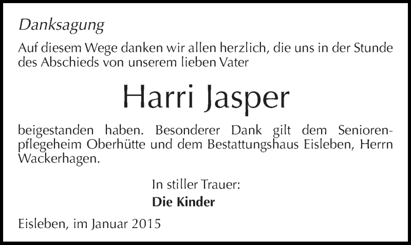  Traueranzeige für Harri Jasper vom 24.01.2015 aus Mitteldeutsche Zeitung Mansfelder Land