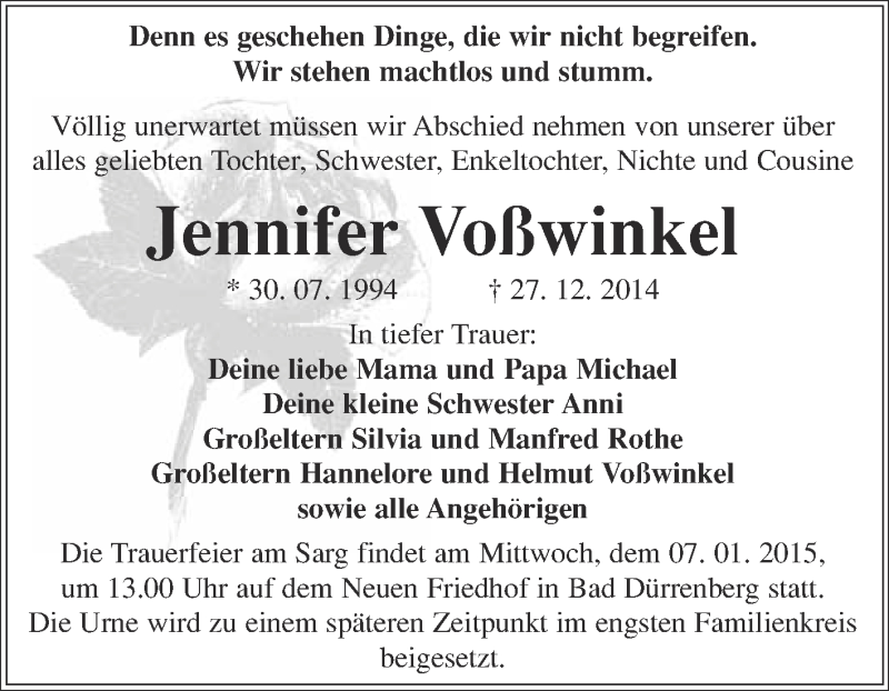  Traueranzeige für Jennifer Voßwinkel vom 04.01.2015 aus Super Sonntag Merseburg