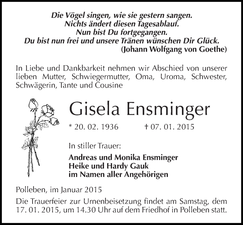  Traueranzeige für Gisela Ensminger vom 14.01.2015 aus Mitteldeutsche Zeitung Mansfelder Land