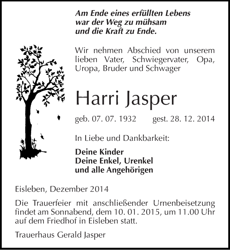  Traueranzeige für Harri Jasper vom 03.01.2015 aus Mitteldeutsche Zeitung Mansfelder Land