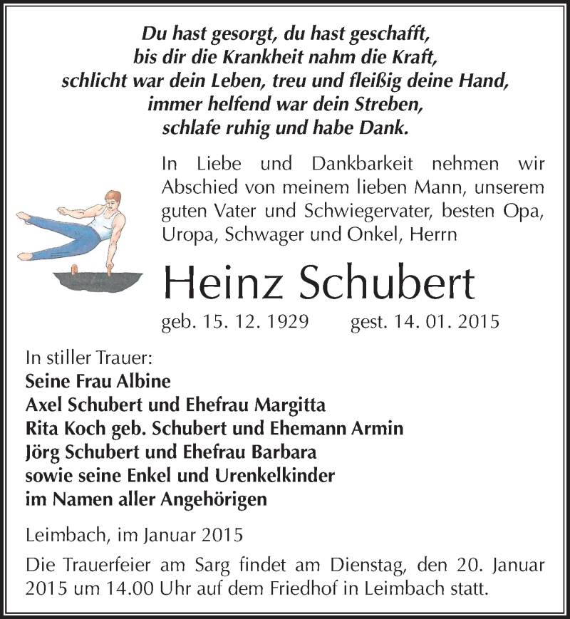  Traueranzeige für Heinz Schubert vom 16.01.2015 aus Mitteldeutsche Zeitung Mansfelder Land