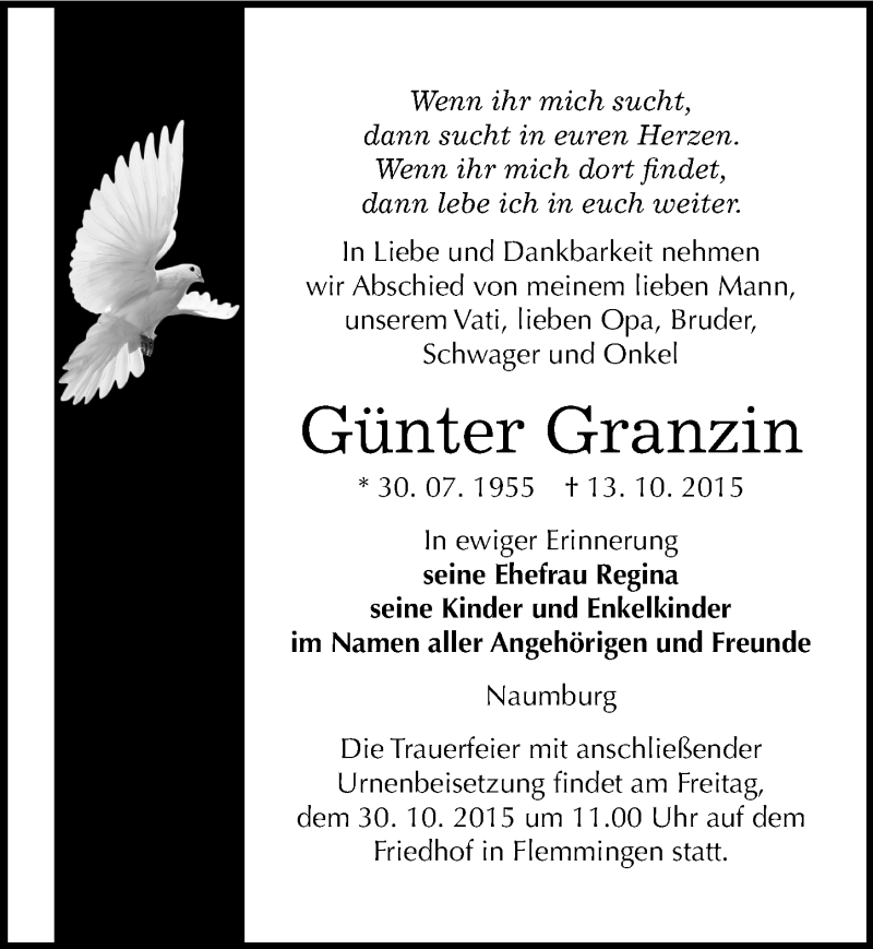  Traueranzeige für Günter Granzin vom 16.10.2015 aus Mitteldeutsche Zeitung Naumburg/Nebra