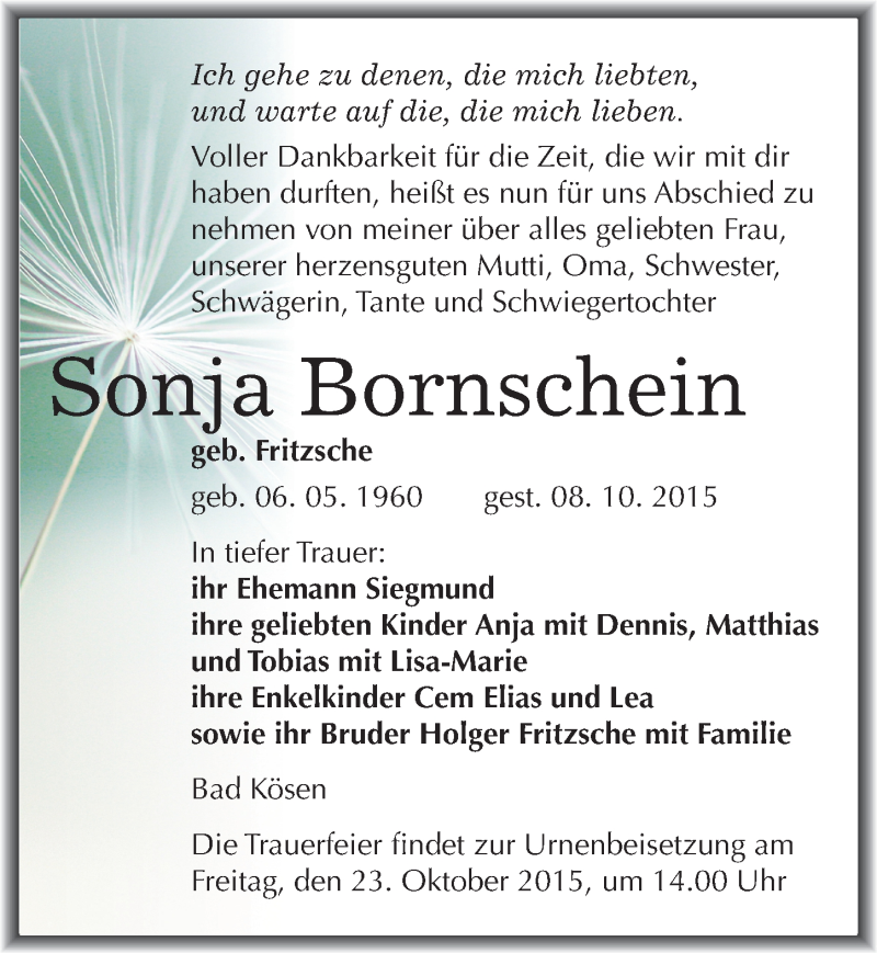  Traueranzeige für Sonja Bornschein vom 10.10.2015 aus Mitteldeutsche Zeitung Naumburg/Nebra