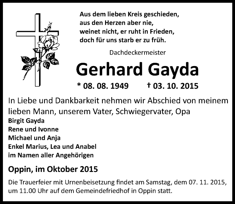  Traueranzeige für Gerhard Gayda vom 24.10.2015 aus Mitteldeutsche Zeitung Halle/Saalkreis