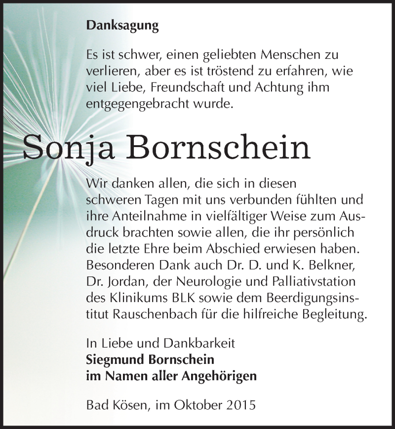  Traueranzeige für Sonja Bornschein vom 30.10.2015 aus Mitteldeutsche Zeitung Naumburg/Nebra