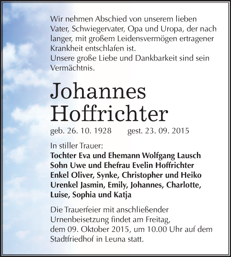  Traueranzeige für Johannes Hoffrichter vom 03.10.2015 aus WVG - Wochenspiegel Merseburg