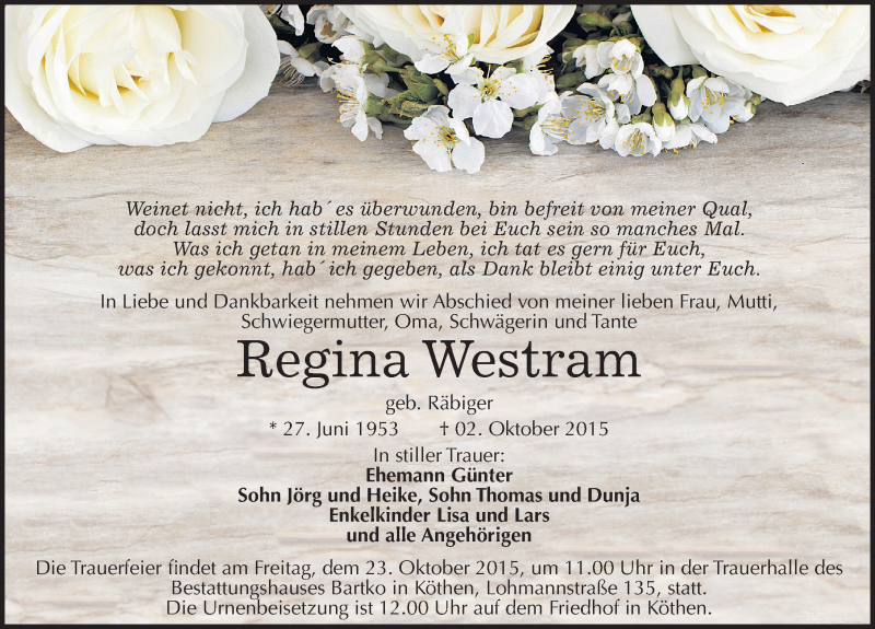  Traueranzeige für Regina Westram vom 08.10.2015 aus Mitteldeutsche Zeitung Köthen
