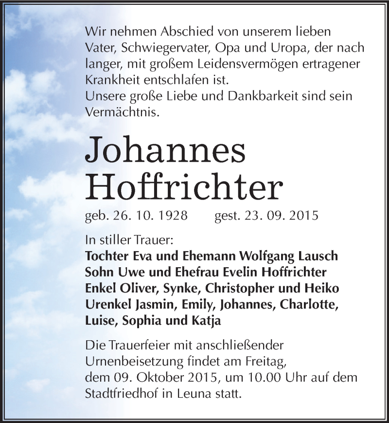  Traueranzeige für Johannes Hoffrichter vom 03.10.2015 aus Mitteldeutsche Zeitung Merseburg/Querfurt