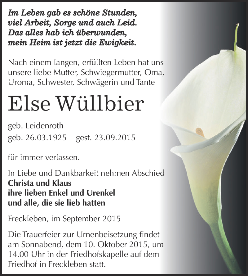  Traueranzeige für Else Wüllbier vom 03.10.2015 aus Wochenspiegel Mansfelder Land