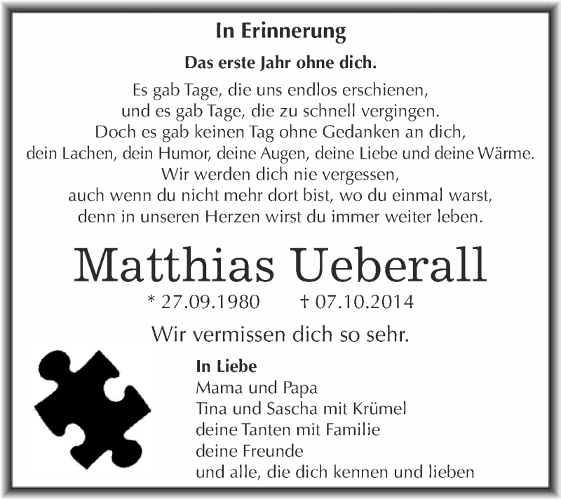 Traueranzeige für Matthias Ueberall vom 07.10.2015 aus WVG - Wochenspiegel NMB / WSF / ZTZ