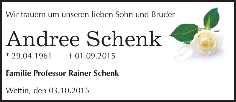  Traueranzeige für Andree Schenk vom 03.10.2015 aus Mitteldeutsche Zeitung Halle/Saalkreis