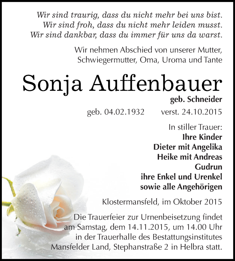  Traueranzeige für Sonja Auffenbauer vom 07.11.2015 aus Super Sonntag SGH Mansf. Land