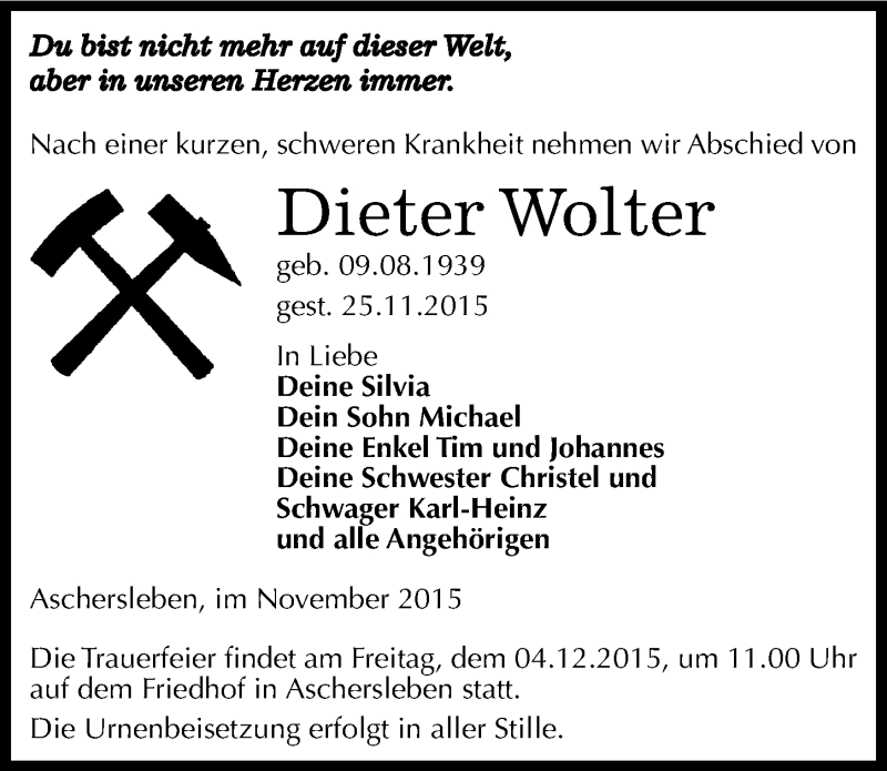  Traueranzeige für Dieter Wolter vom 30.11.2015 aus Mitteldeutsche Zeitung Aschersleben