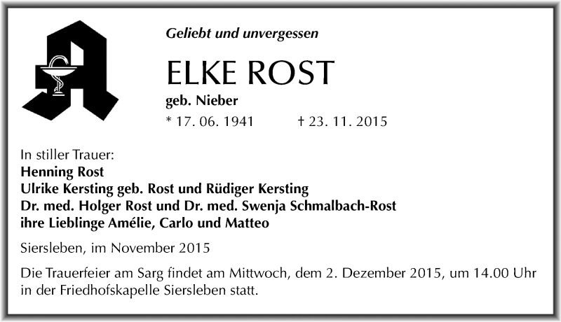  Traueranzeige für Elke Rost vom 25.11.2015 aus Mitteldeutsche Zeitung Mansfelder Land