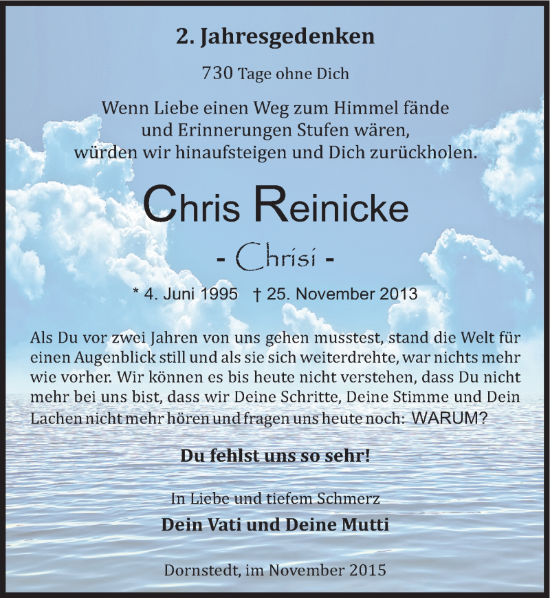  Traueranzeige für Chris Reinicke vom 25.11.2015 aus Mitteldeutsche Zeitung Halle/Saalkreis