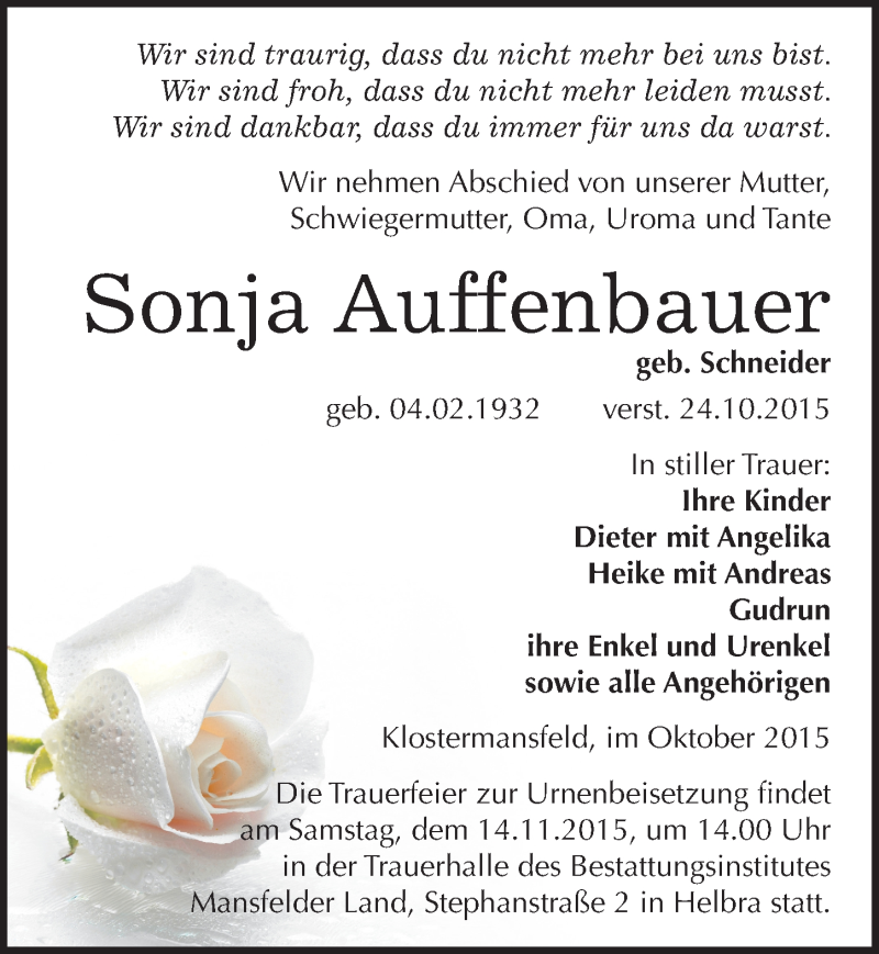  Traueranzeige für Sonja Auffenbauer vom 11.11.2015 aus Mitteldeutsche Zeitung Mansfelder Land