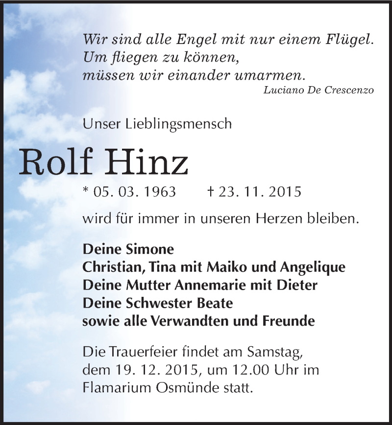  Traueranzeige für Rolf Hinz vom 28.11.2015 aus Mitteldeutsche Zeitung Halle/Saalkreis