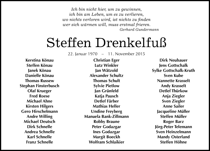  Traueranzeige für Steffen Drenkelfuß vom 18.11.2015 aus Mitteldeutsche Zeitung Halle/Saalkreis