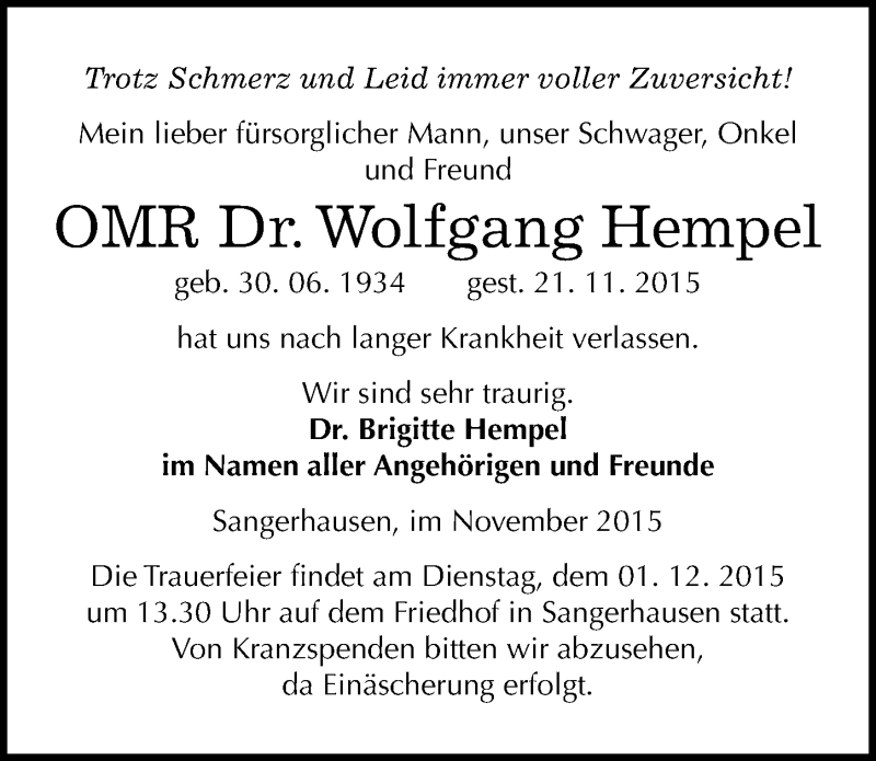  Traueranzeige für Wolfgang Hempel vom 26.11.2015 aus Mitteldeutsche Zeitung Sangerhausen