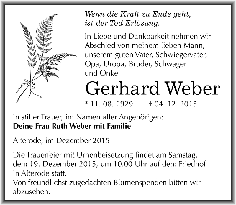  Traueranzeige für Gerhard Weber vom 08.12.2015 aus Mitteldeutsche Zeitung Mansfelder Land