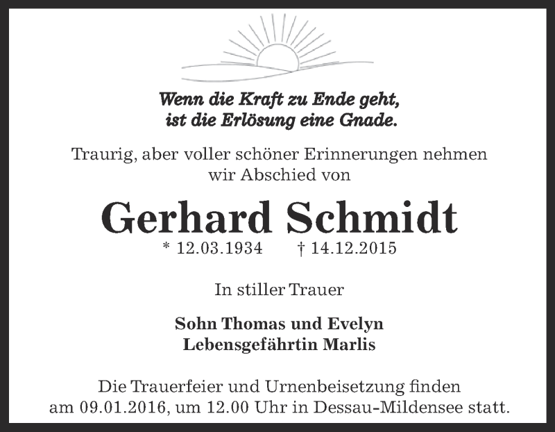  Traueranzeige für Gerhard Schmidt vom 19.12.2015 aus WVG - Wochenspiegel Dessau / Köthen