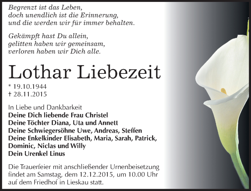  Traueranzeige für Lothar Liebezeit vom 05.12.2015 aus Mitteldeutsche Zeitung Halle/Saalkreis