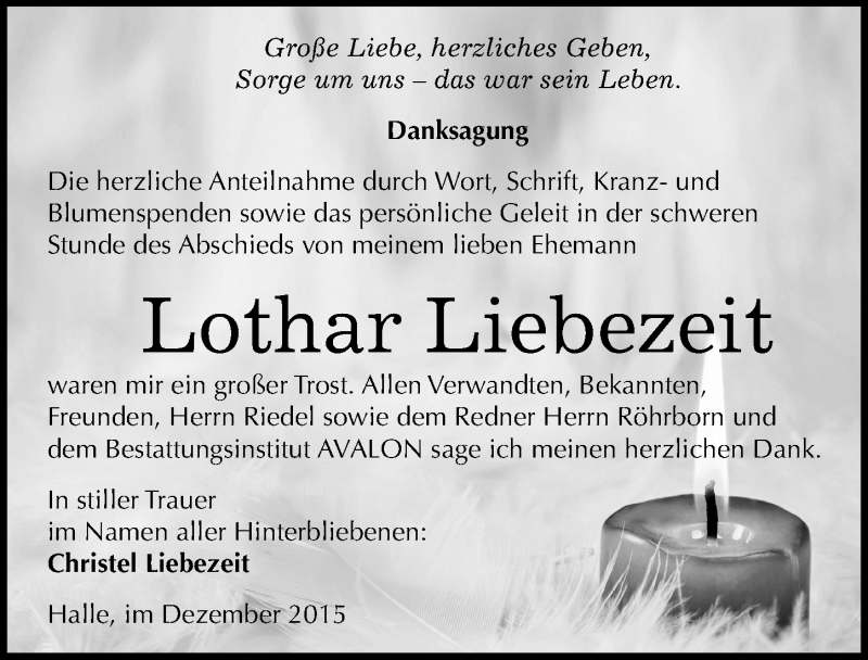  Traueranzeige für Lothar Liebezeit vom 19.12.2015 aus Mitteldeutsche Zeitung Halle/Saalkreis