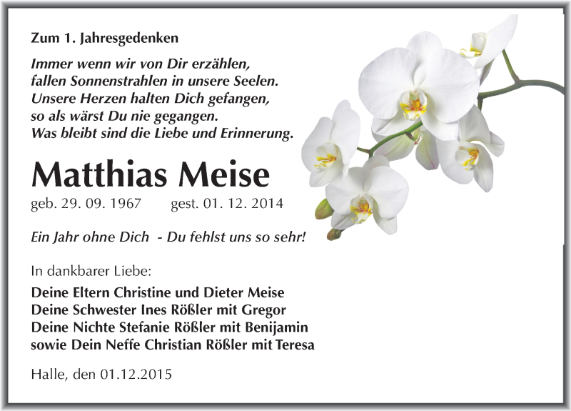  Traueranzeige für Matthias Meise vom 01.12.2015 aus Mitteldeutsche Zeitung
