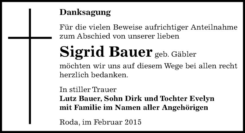  Traueranzeige für Sigrid Bauer vom 28.02.2015 aus Mitteldeutsche Zeitung Zeitz