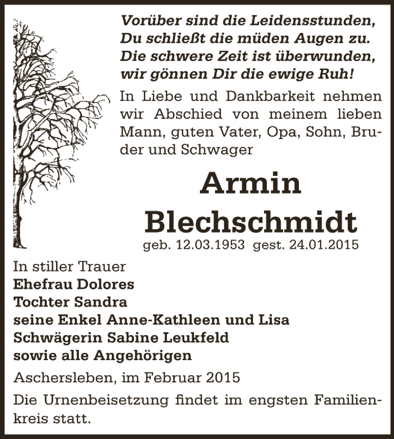  Traueranzeige für Armin Blechschmidt vom 01.02.2015 aus Super Sonntag Aschersleben