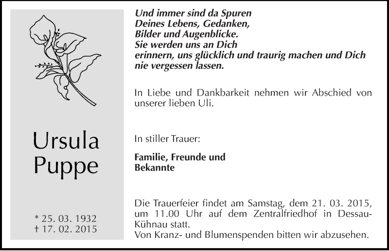  Traueranzeige für Ursula Puppe vom 21.02.2015 aus Mitteldeutsche Zeitung Dessau-Roßlau