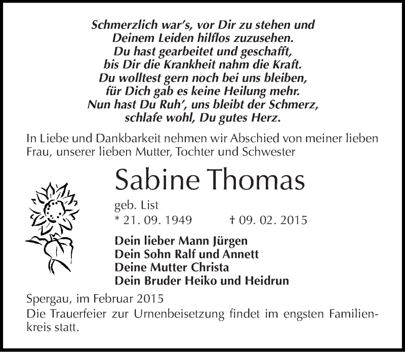  Traueranzeige für Sabine Thomas vom 14.02.2015 aus Mitteldeutsche Zeitung Merseburg/Querfurt