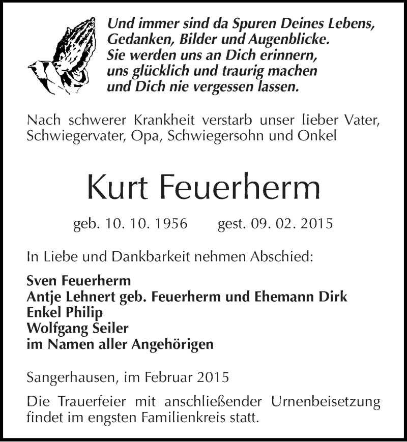  Traueranzeige für Kurt Feuerherm vom 14.02.2015 aus Mitteldeutsche Zeitung Sangerhausen