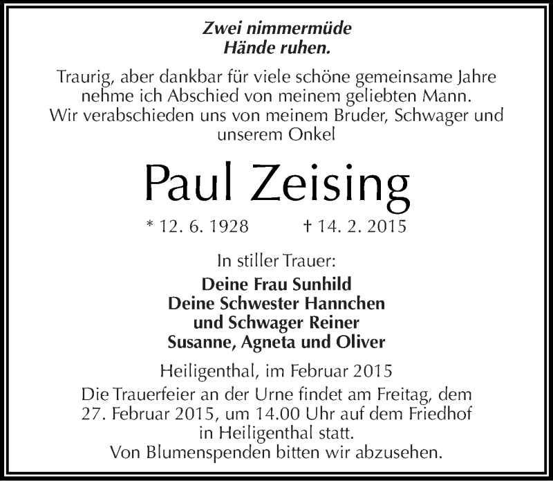  Traueranzeige für Paul Zeising vom 19.02.2015 aus Mitteldeutsche Zeitung Mansfelder Land
