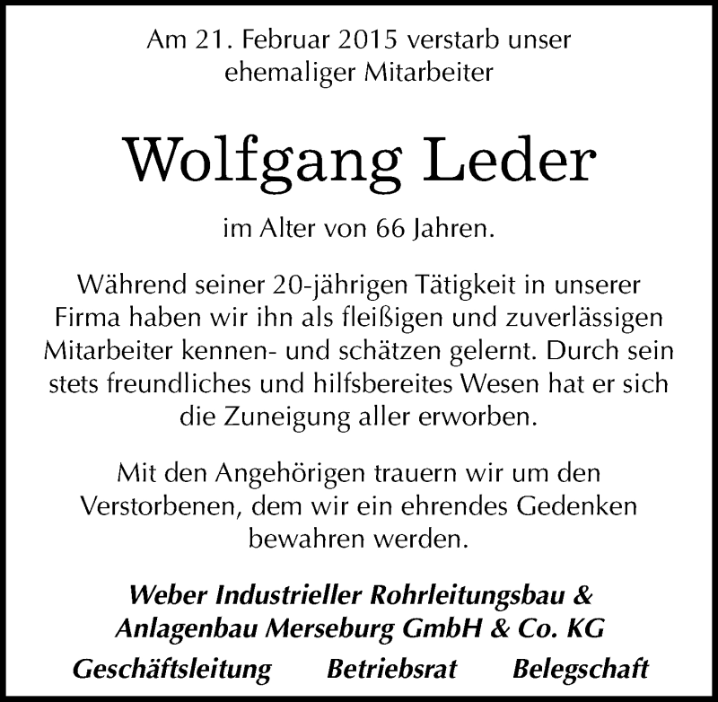  Traueranzeige für Wolfgang Leder vom 28.02.2015 aus Mitteldeutsche Zeitung