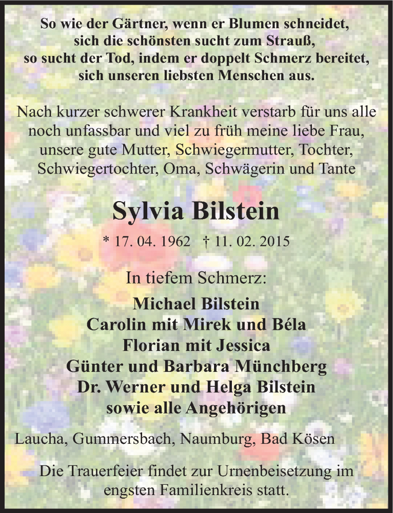  Traueranzeige für Sylvia Bilstein vom 14.02.2015 aus Mitteldeutsche Zeitung Naumburg/Nebra
