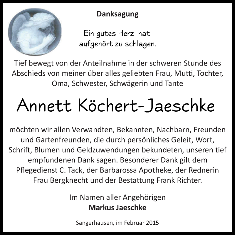  Traueranzeige für Annett Köchert-Jaeschke vom 01.02.2015 aus Super Sonntag SGH Mansf. Land