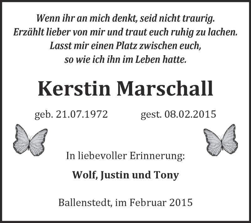  Traueranzeige für Kerstin Marschall vom 15.02.2015 aus WVG - Wochenspiegel Quedlinburg
