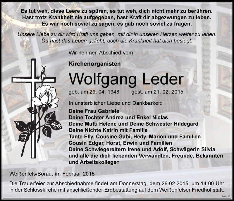 Traueranzeige für Wolfgang Leder vom 24.02.2015 aus Mitteldeutsche Zeitung Weißenfels