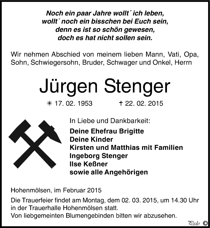  Traueranzeige für Jürgen Stenger vom 25.02.2015 aus Mitteldeutsche Zeitung Weißenfels
