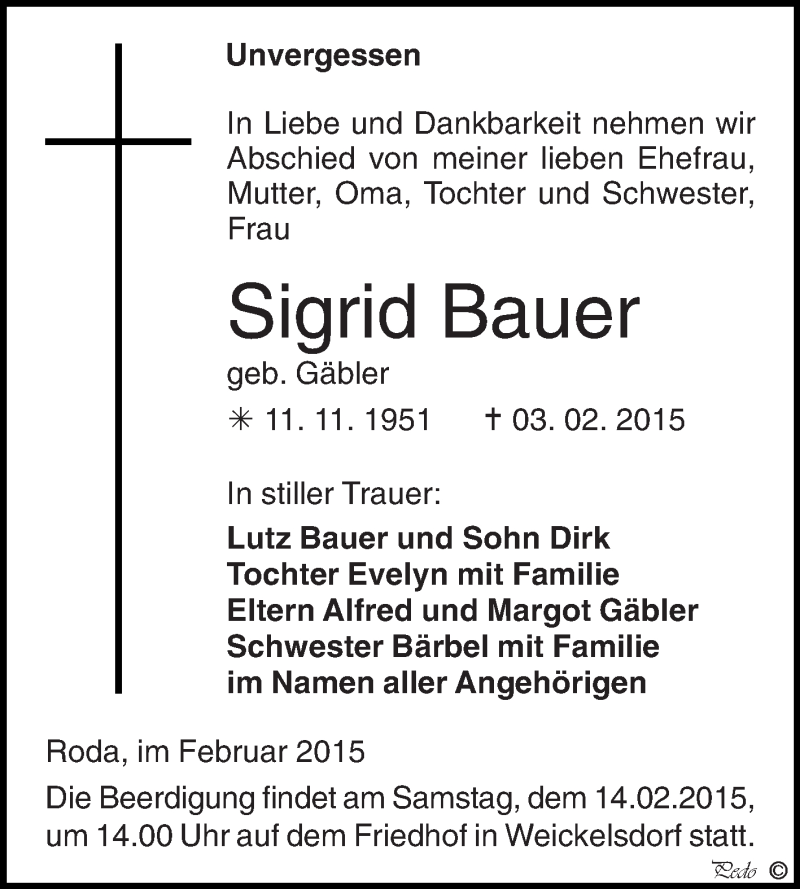  Traueranzeige für Sigrid Bauer vom 08.02.2015 aus Super Sonntag Zeitz