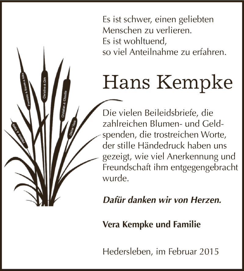  Traueranzeige für Hans Kempke vom 08.03.2015 aus Super Sonntag SGH Mansf. Land