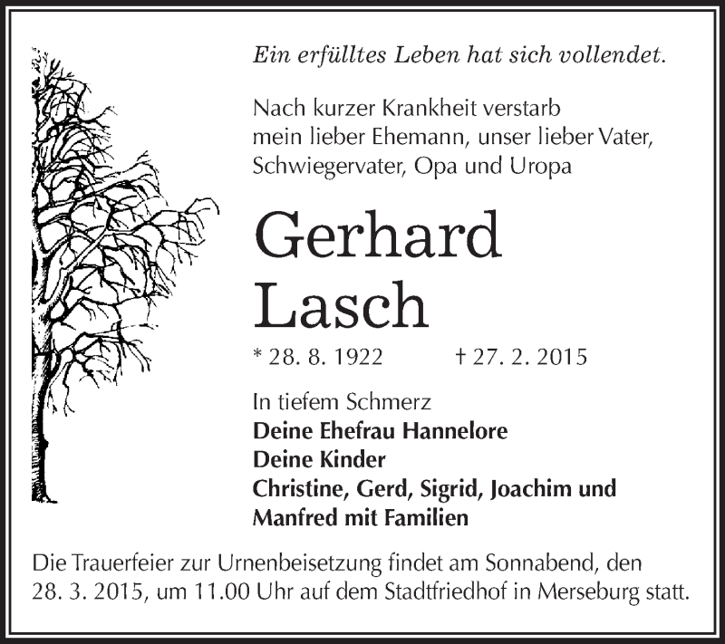  Traueranzeige für Gerhard Lasch vom 18.03.2015 aus WVG - Wochenspiegel Merseburg